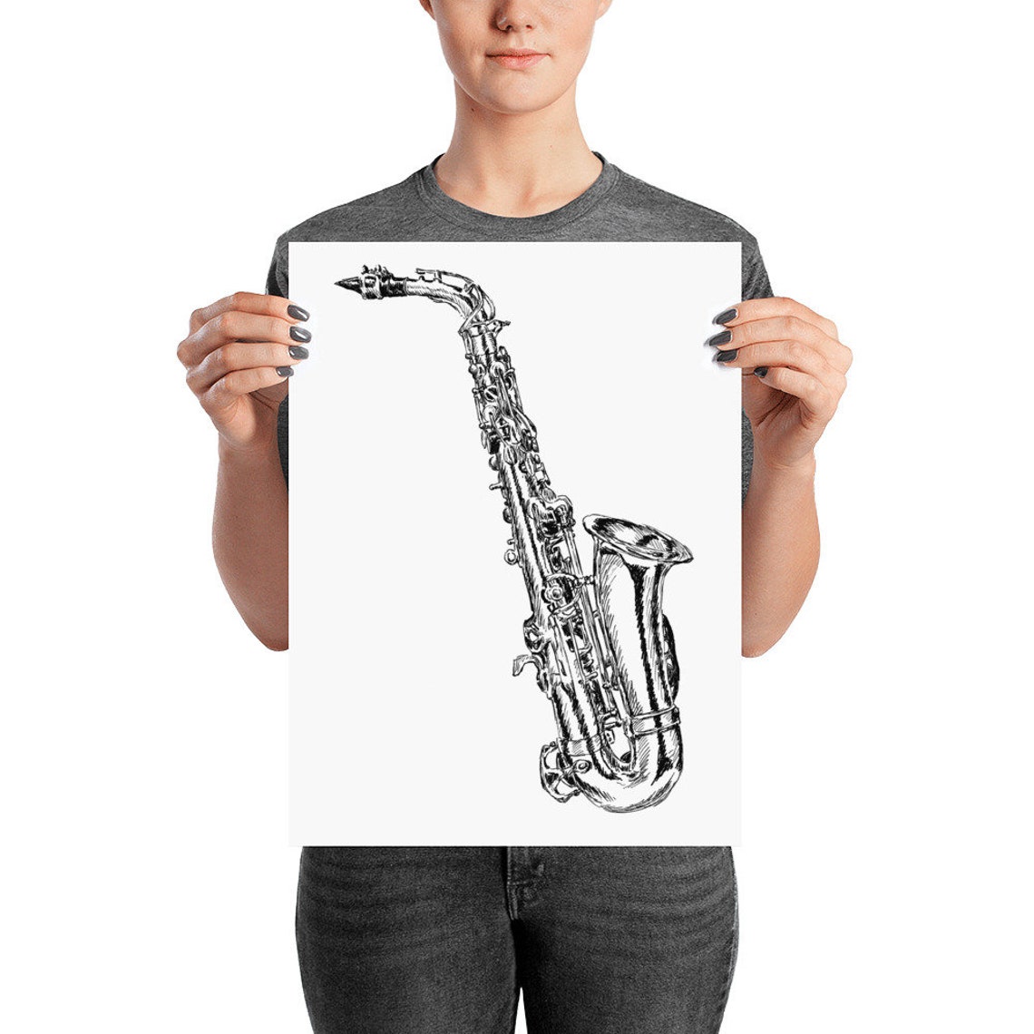 Saxophone Black And White Ink Sketch Jazz Instrument Minimalist Poster - Image 2