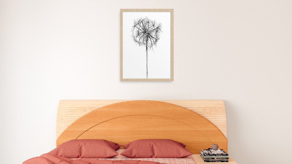 Dandelion Puff Minimalist Black White Botanical Sketch Art Print
