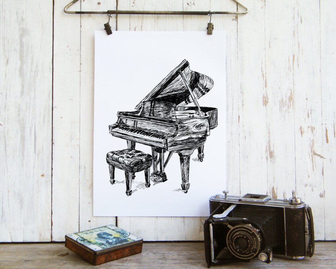 Grand Piano Black And White Ink Sketch Music Instrument Drawing Poster - Image 4