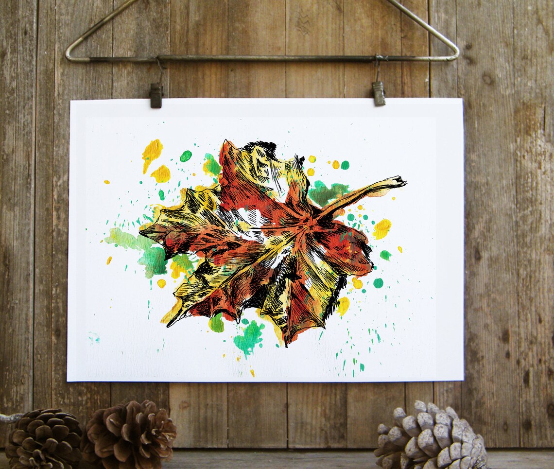 Watercolor Autumn Maple Leaf Poster Splash Paint Rustic Fall Wall Decor - Image 3