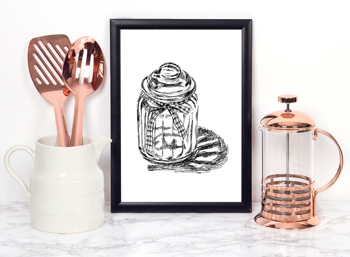 Mason Jar with Ribbon Ink Sketch Poster Rustic Farmhouse Kitchen Decor