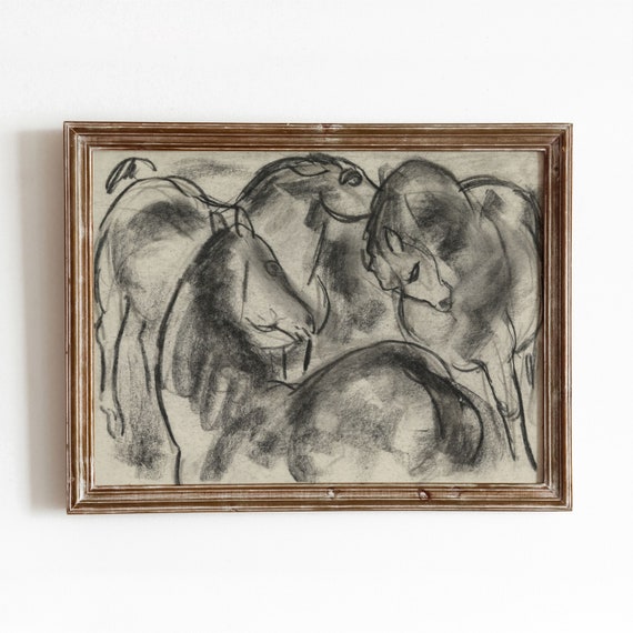 Three Stallions Vintage Horse Sketch, Minimal Art Print