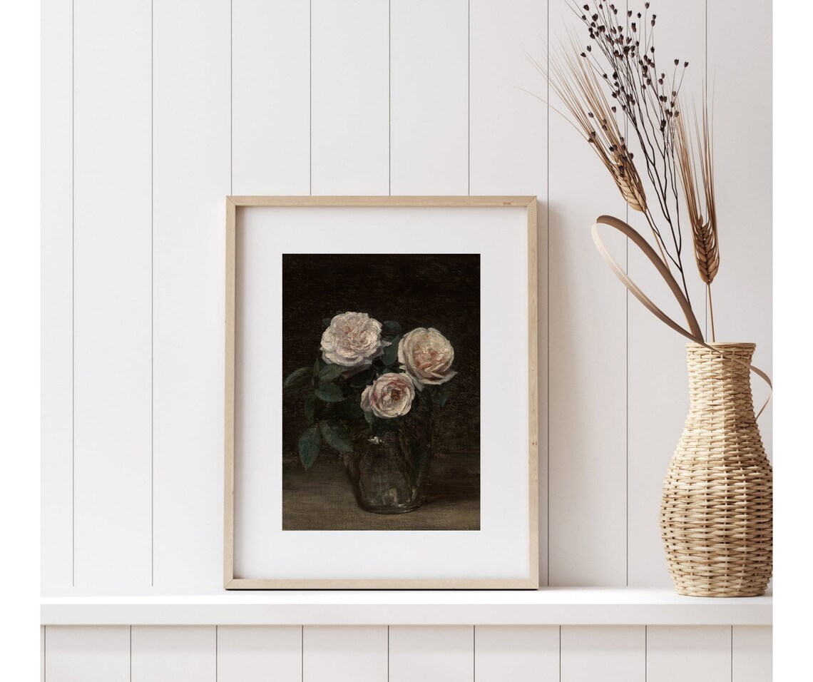 Three Pink Roses Vintage Floral Still Life Art Print - Image 3