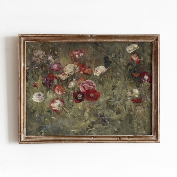 Bed of Poppies Vintage Floral Landscape, Art Print