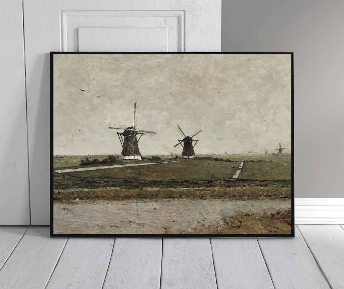 Moody Windmills Vintage Dutch Landscape Art Print - Image 2