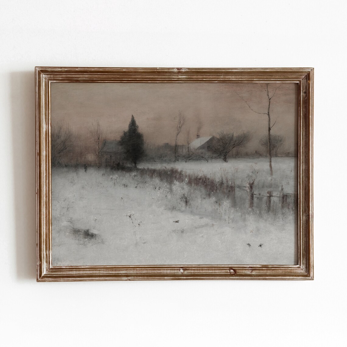 Winter Dusk Vintage Snow Farm Landscape Art Print