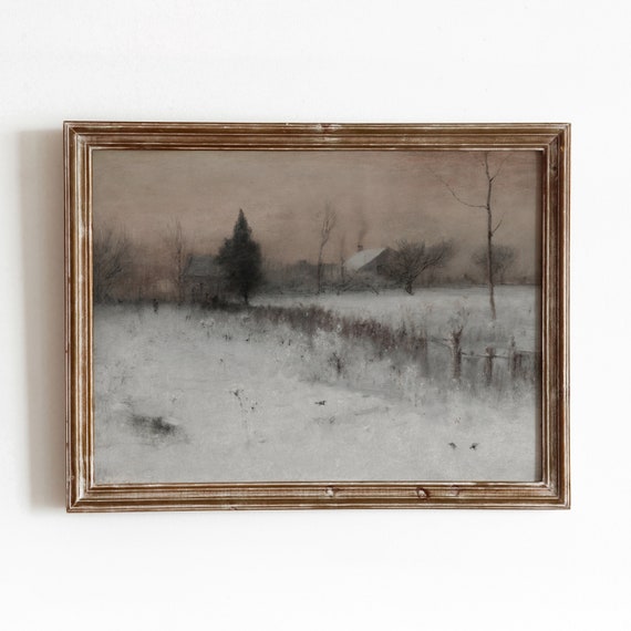 Winter Dusk Vintage Snow Farm Landscape Art Print