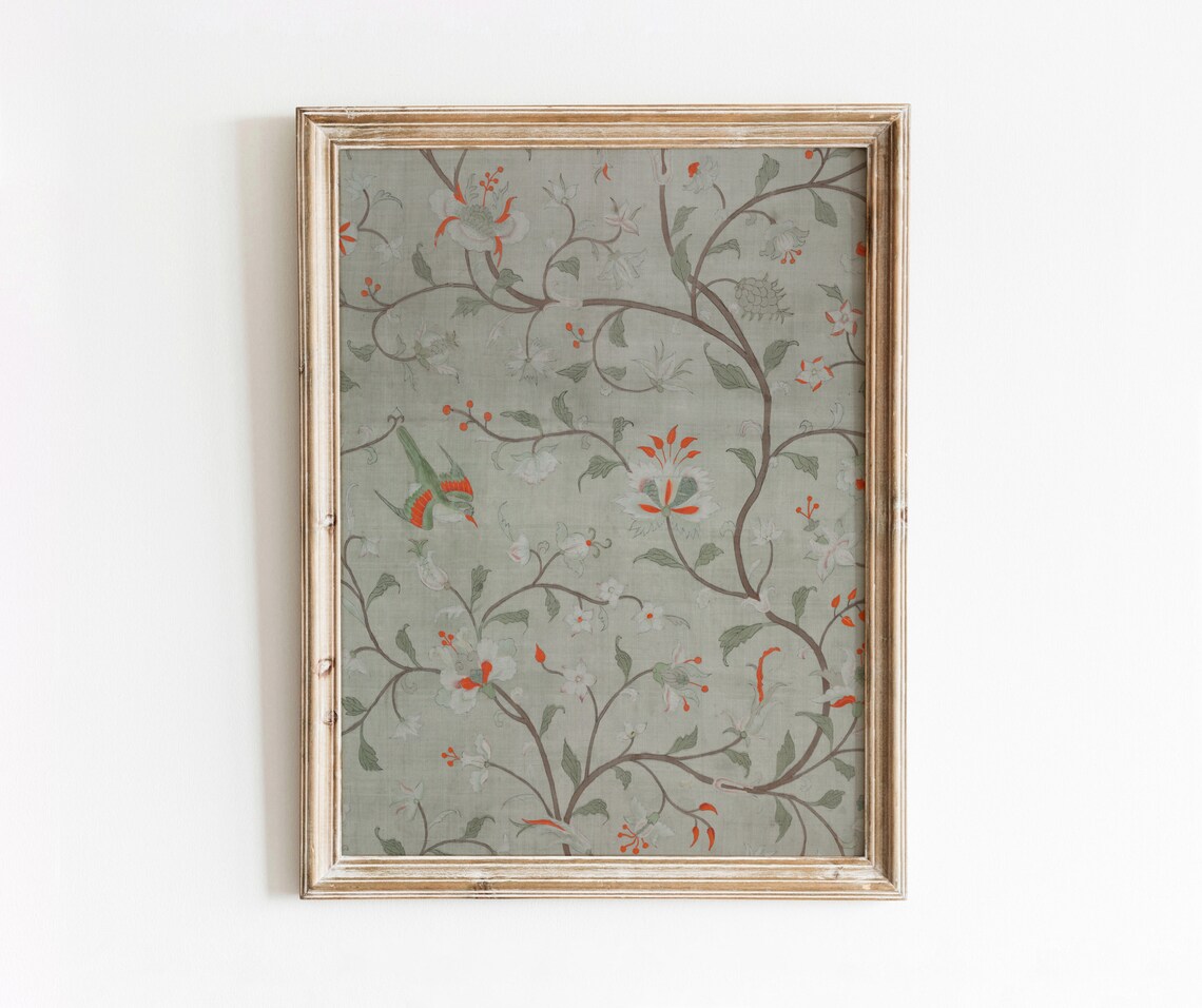 Botanical Bird Vintage Silk Textile Art Print
