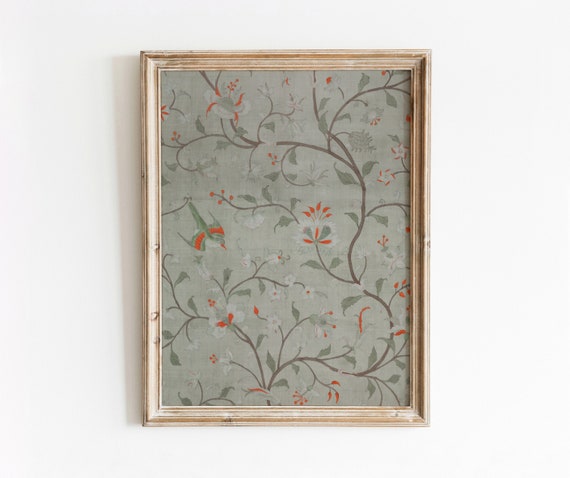Botanical Bird Vintage Silk Textile Art Print