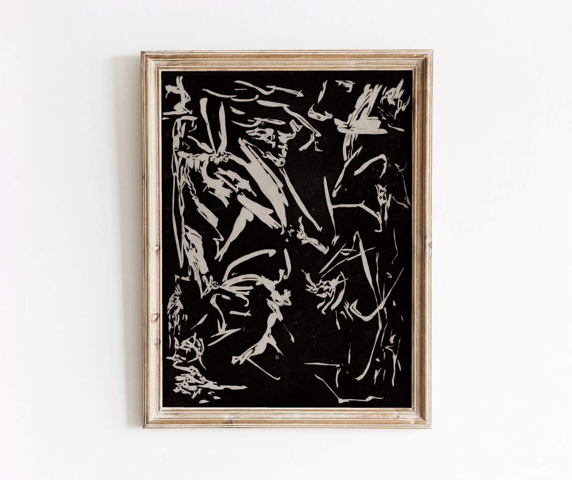 Busy Abstract Vintage Art Print, Dark Figures Shapes