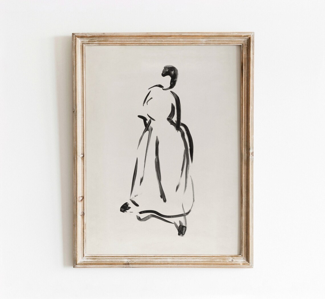 Minimal Black Ink Sketch Elegant Woman Silhouette Long Dress Art Print