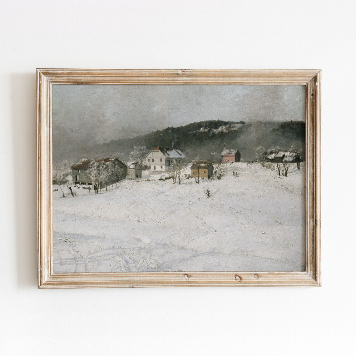 Winter Village Landscape Vintage Snowy Scene Art