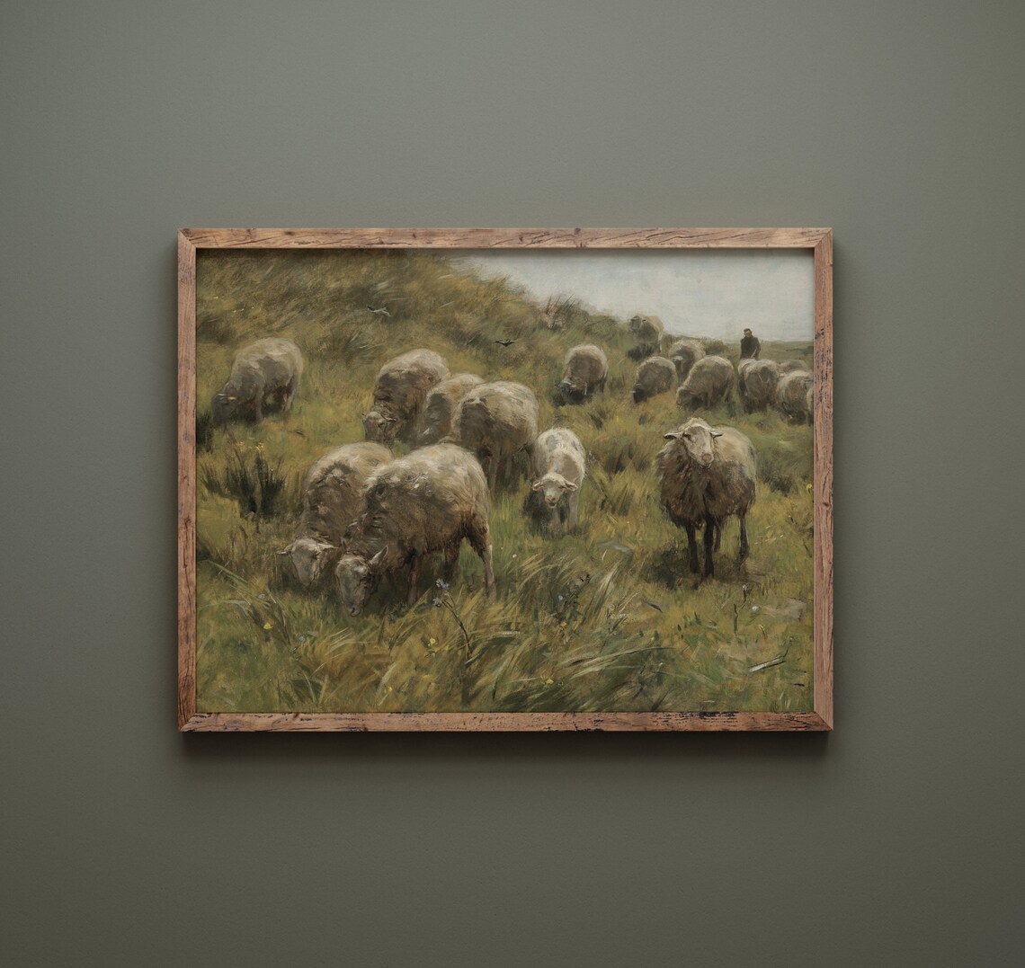 Grazing Sheep Vintage Animal Landscape Painting Art - Image 2