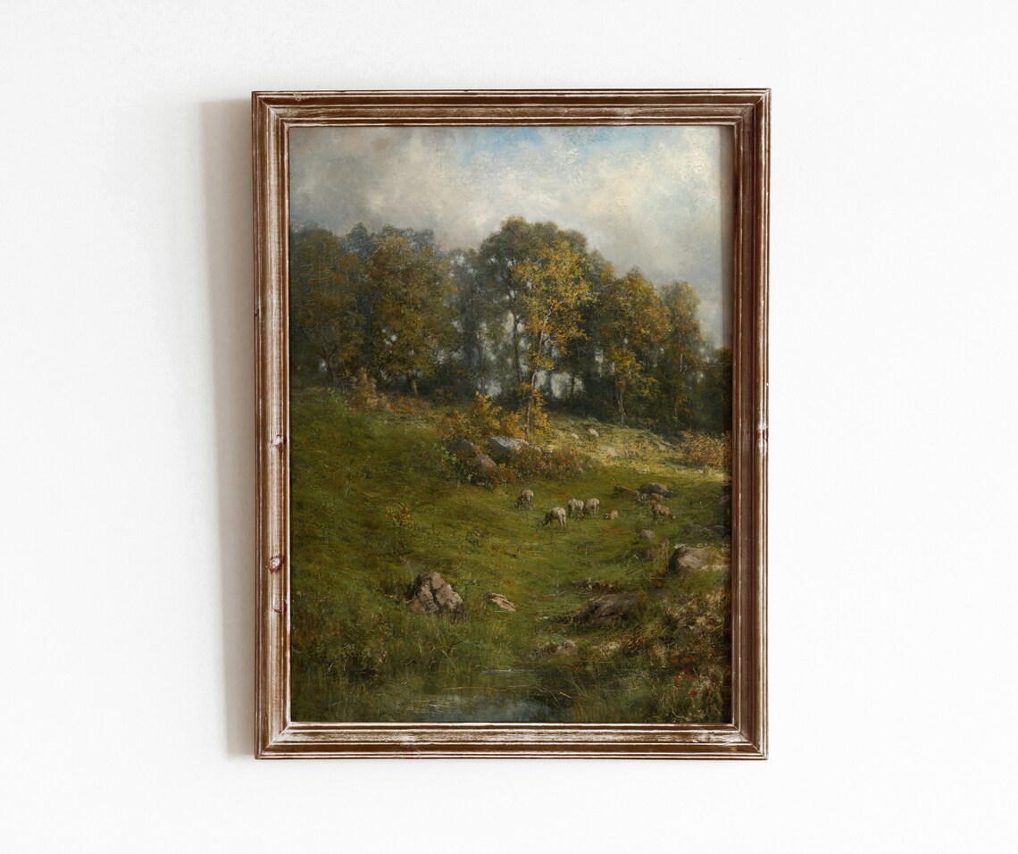 Hillside Pasture Vintage Farm Landscape Art Print
