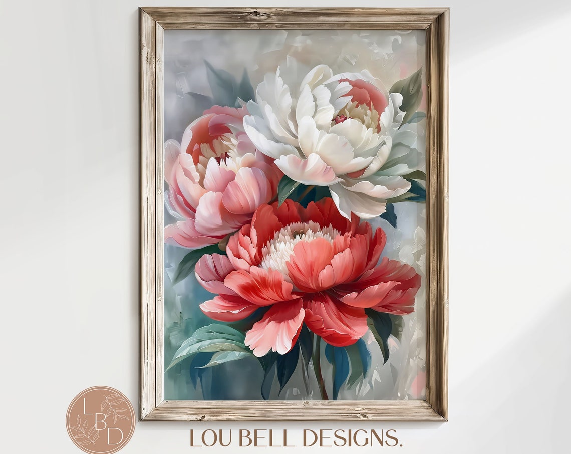 Pink White Coral Peony Flowers Soft Impressionist Floral Poster