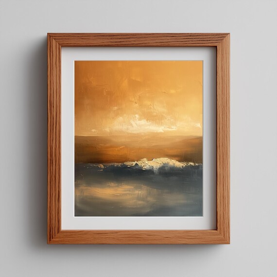 Abstract Seascape Painting Textured Ocean Layers Warm Orange Sky Coastal Wall Art Autumn Decor Print 2