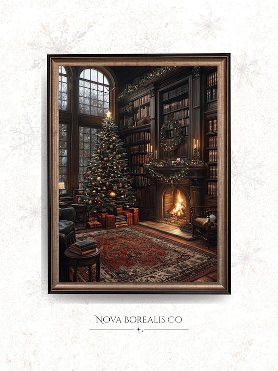 Candlelit Christmas Library Fireplace Vintage Interior Art Poster