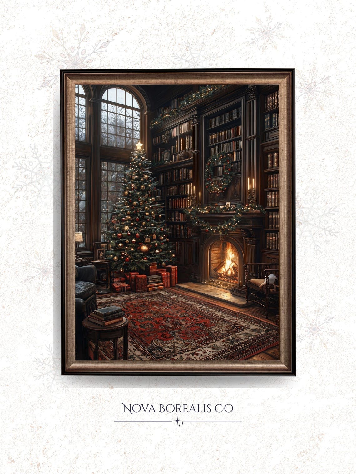 Candlelit Christmas Library Fireplace Vintage Interior Art Poster