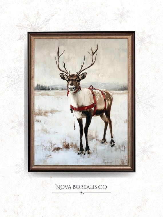 Vintage Reindeer In Snowy Winter Landscape Festive Rustic Christmas Wall Art Neutral Moody Holiday Decor Classic 142
