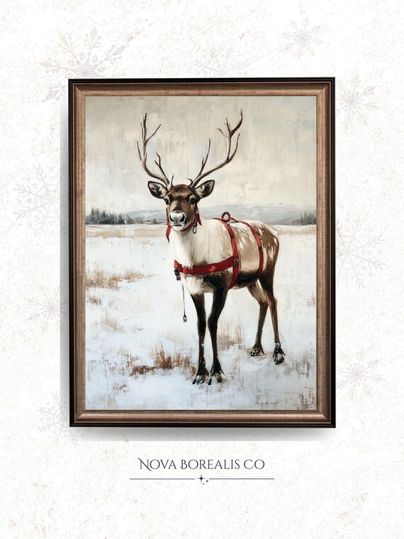 Vintage Reindeer Snowy Winter Landscape Rustic Christmas Poster