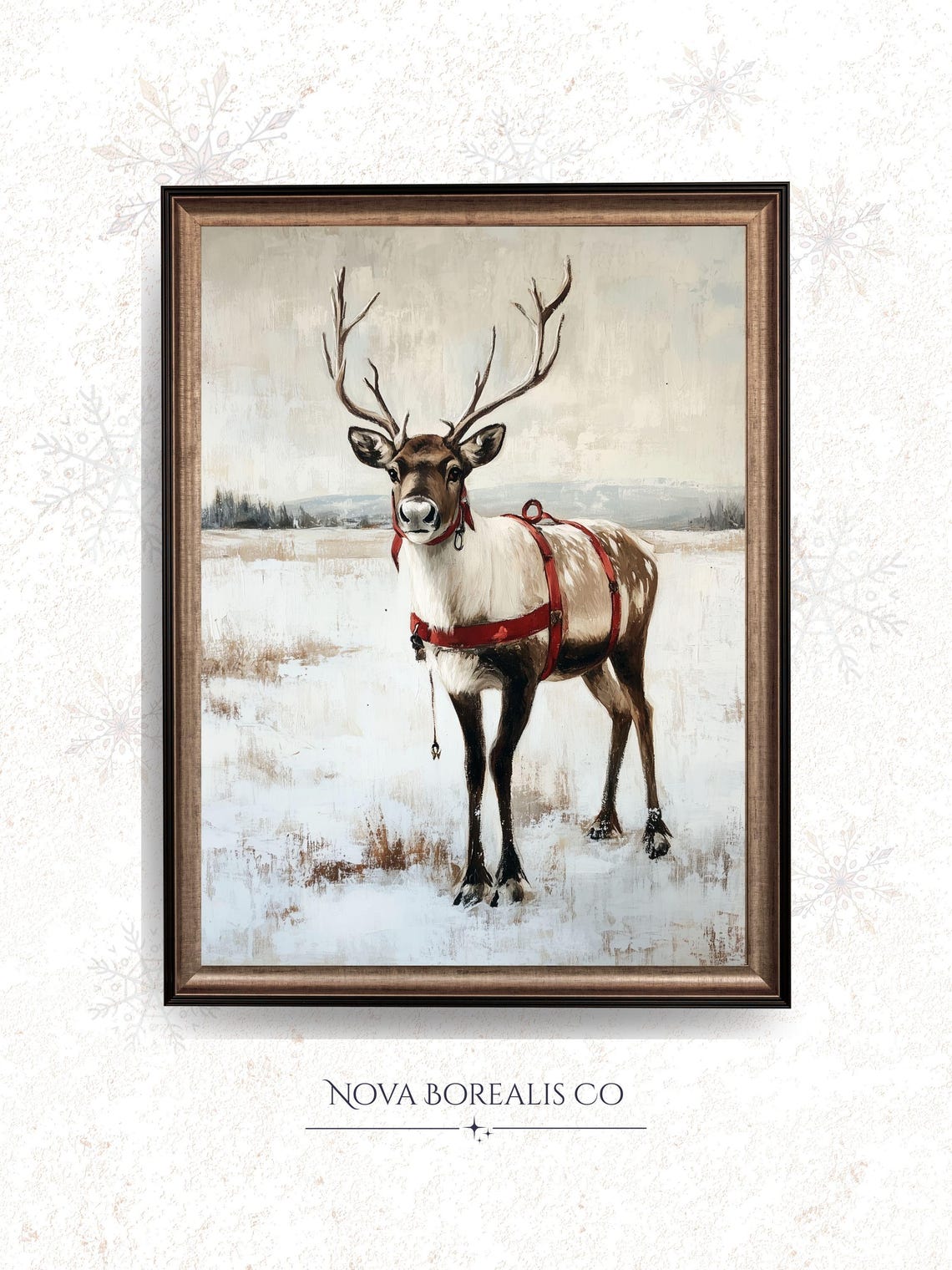 Vintage Reindeer Snowy Winter Landscape Rustic Christmas Poster