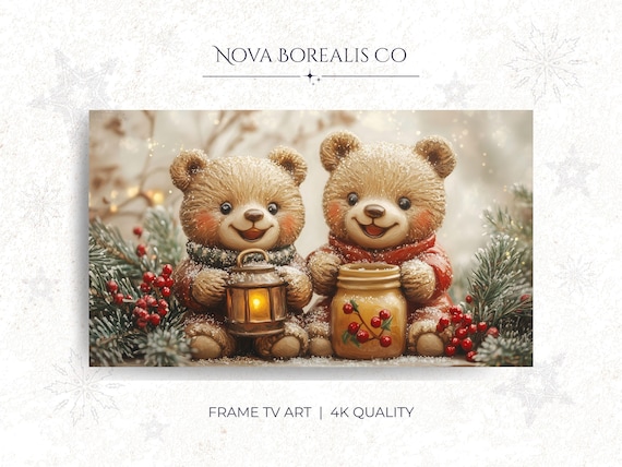 Vintage Teddy Bears Lantern Berry Jar Snowy Christmas Painting Poster