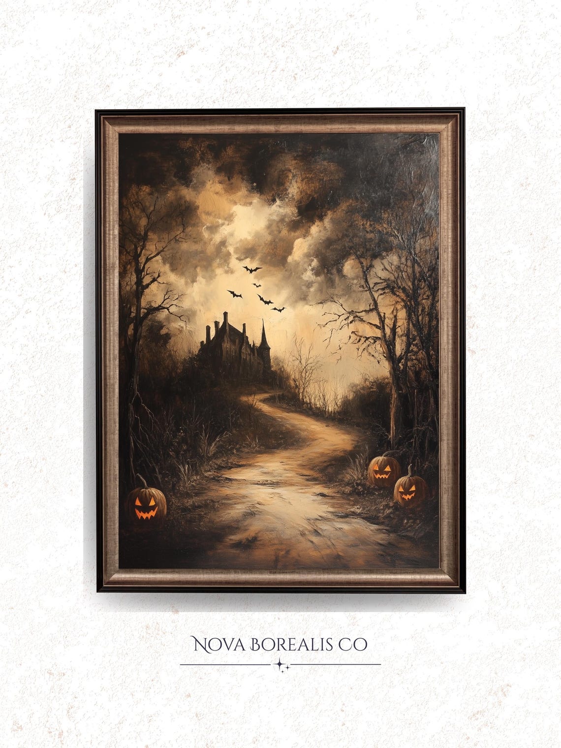 Vintage Haunted Mansion Silhouette Spooky Halloween Wall Art Bats And Barren Trees Rustic Autumn Decor Painting 55