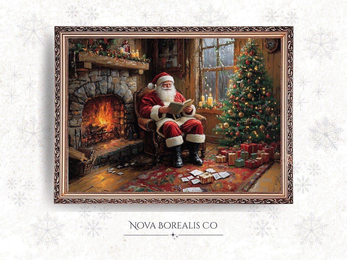 Santa Claus Reading By Fireplace Poster Vintage Christmas Cabin Holiday Art