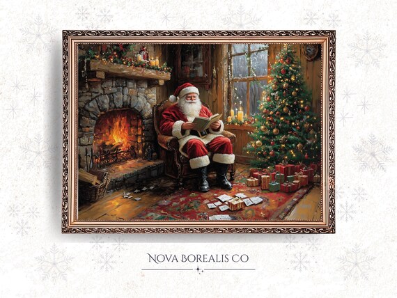 Santa Claus Reading By Fireplace Poster Vintage Christmas Cabin Holiday Art