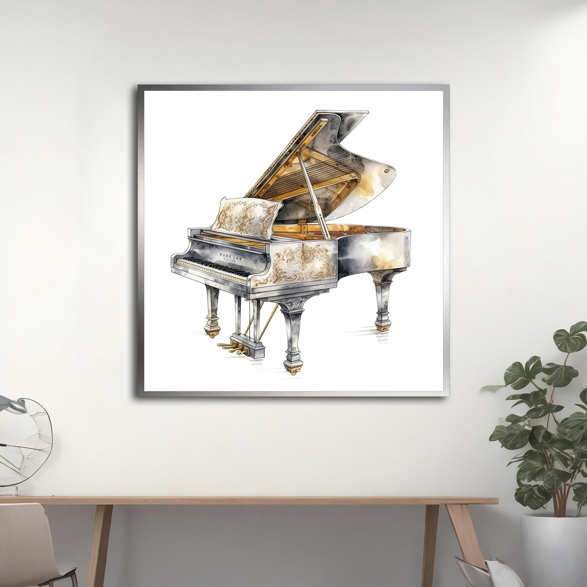 Elegant White Grand Piano Watercolor Gold Ornamental Music Art Print - Image 2