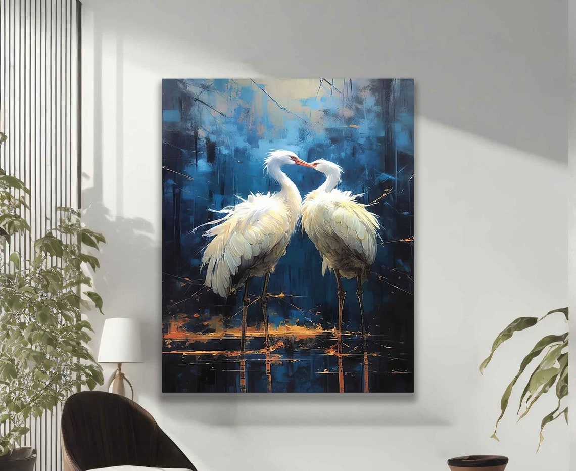 Two White Storks Nuzzling at Dusk Blue Water Bird Art Wall Poster - Image 2