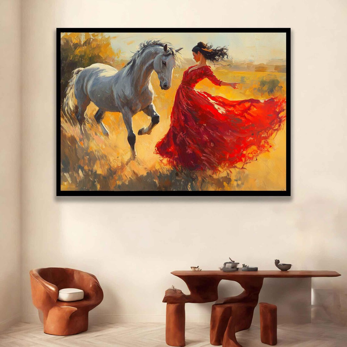Woman Red Dress Dancing Grey Horse Golden Autumn Field Painting Poster - Image 3