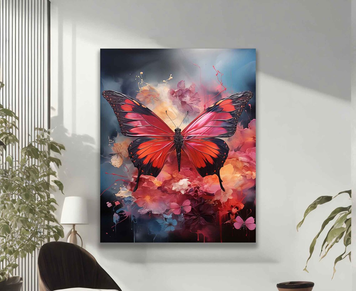 Pink Butterfly with Blossom Floral Burst Colorful Art Wall Poster - Image 2