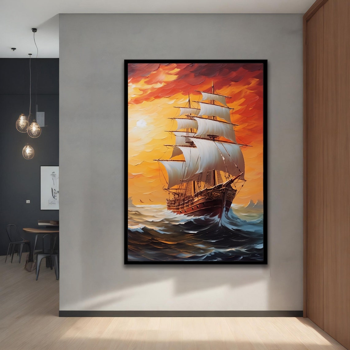 Tall Ship White Sails Dramatic Orange Sunset Clouds Ocean Art Poster - Image 4