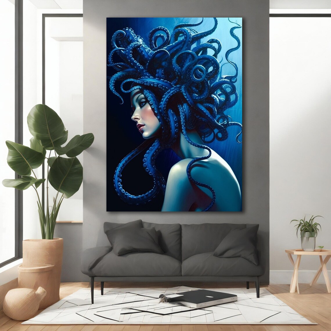 Woman Octopus Tentacle Hair Blue Surreal Sea Goddess Art Poster - Image 3