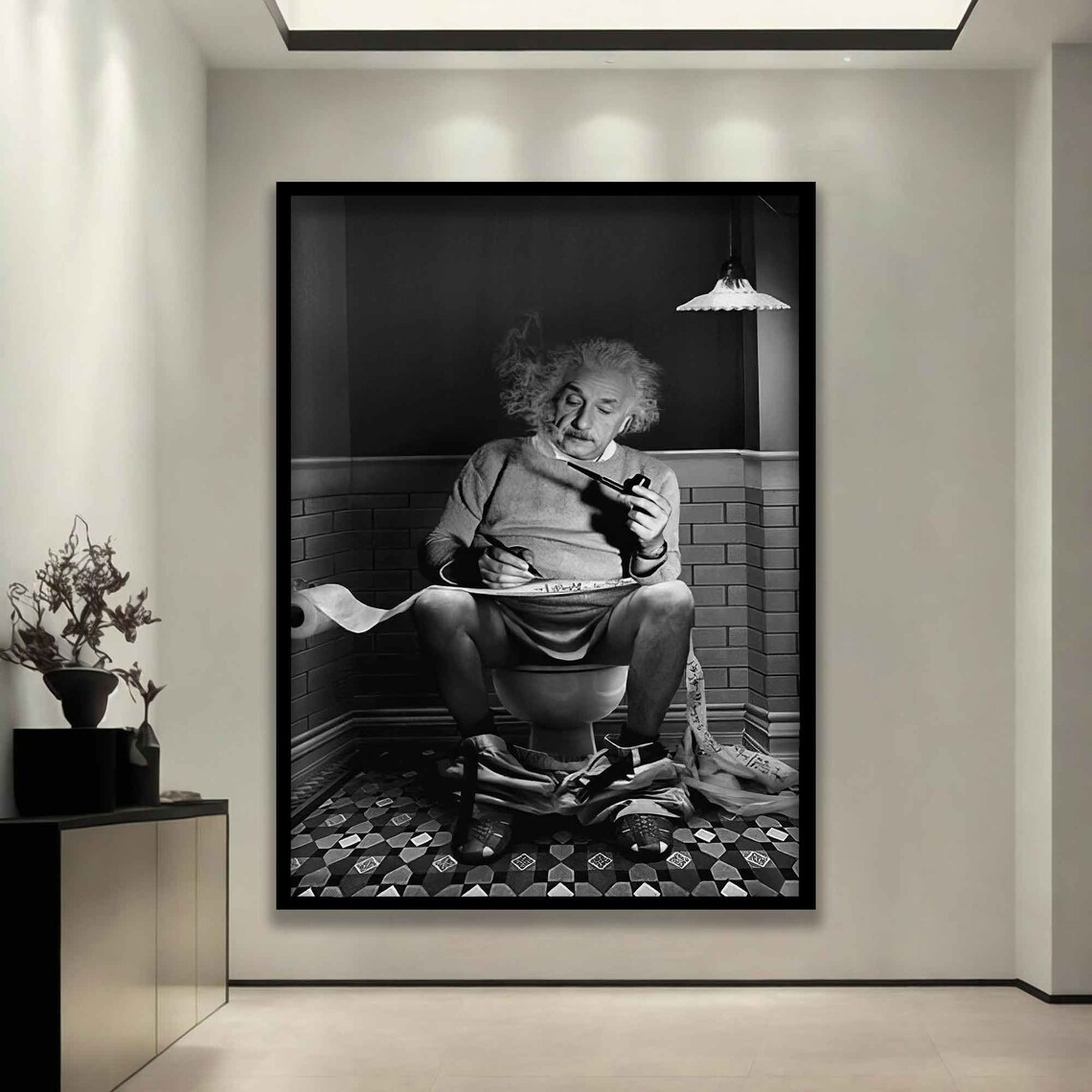 Einstein In The Toilet Black And White Art Print - Image 3