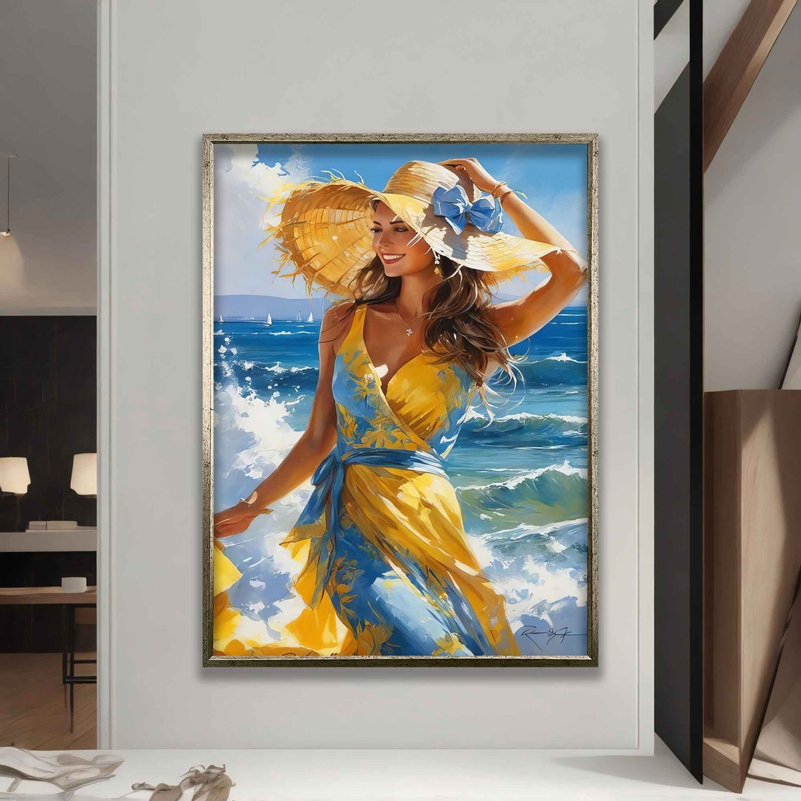 Beautiful Woman On The Beach Print Woman With Hat Landscape Art Beautiful Woman Art Girl On The Beach Poster - Image 5