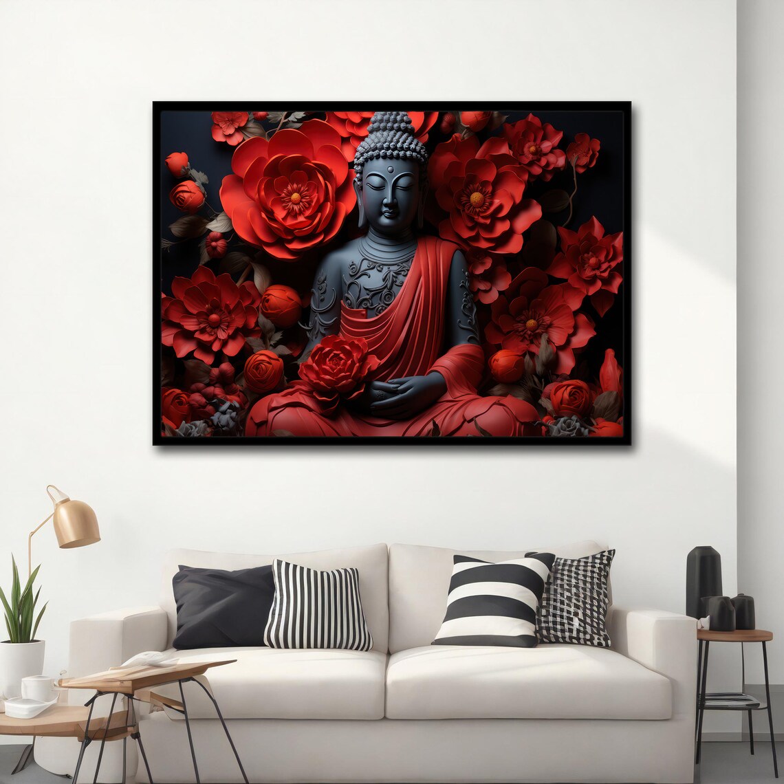 Dark Buddha Statue Red Paper Flowers Spiritual Zen Meditation Poster - Image 5
