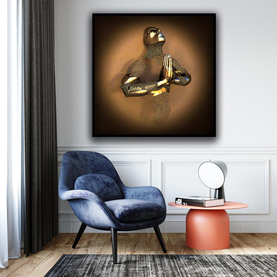 Golden Praying Figure Folded Hands Bronze Spiritual Meditation Decor Wall Art - Image 3