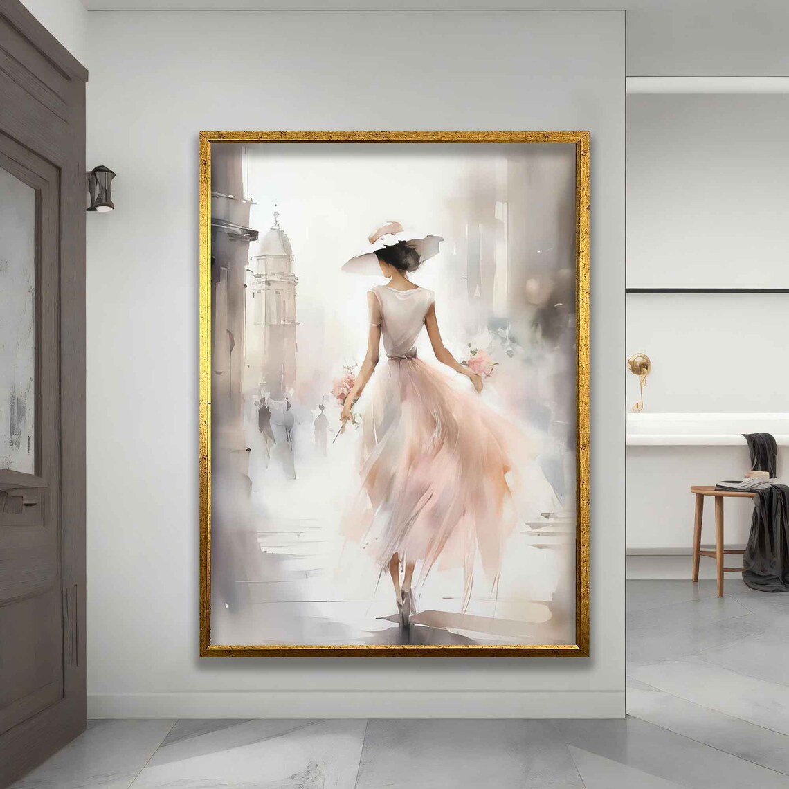 Woman White Dress City Stroll Watercolor Elegant Feminine Romantic Wall Art Poster - Image 4