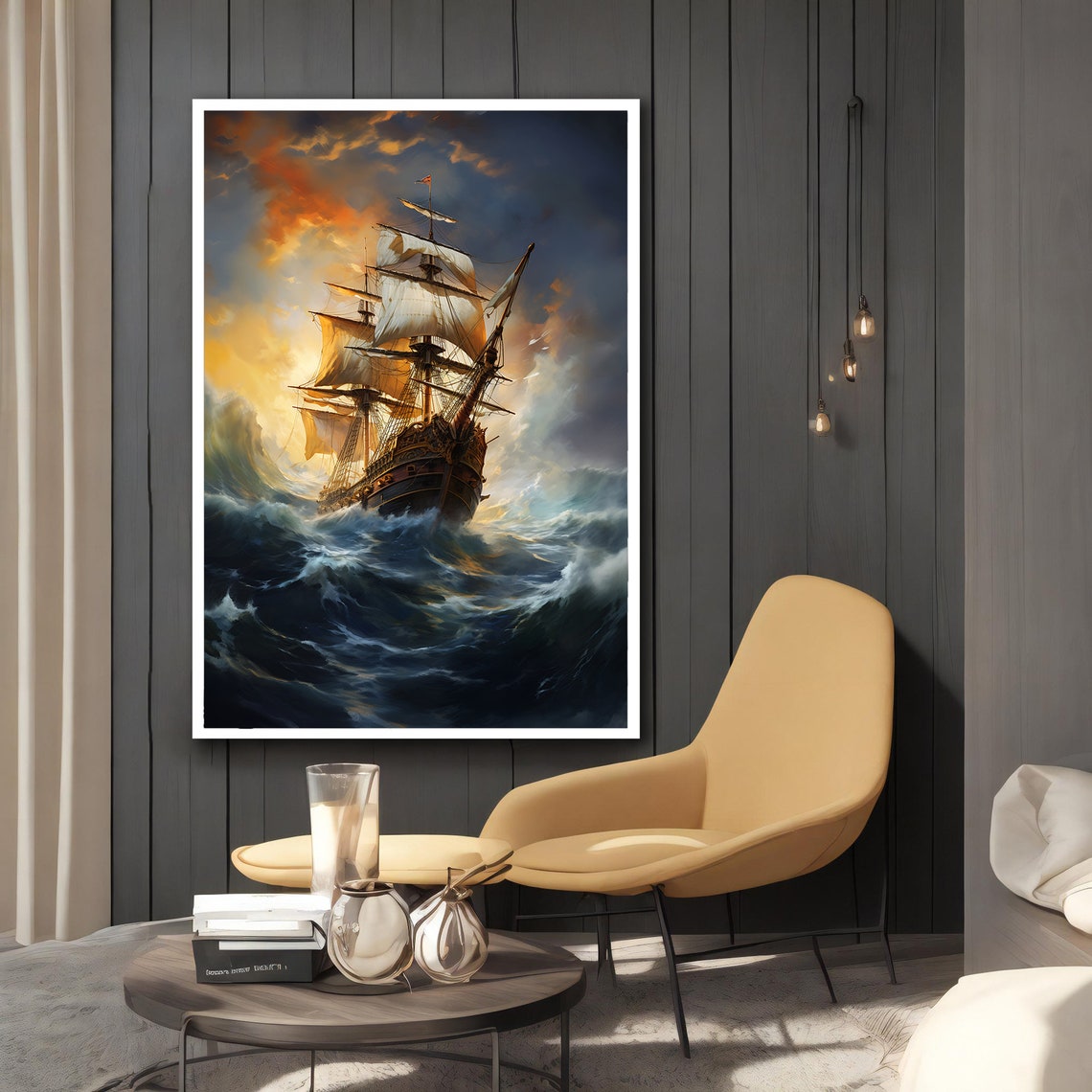 Tall Ship Stormy Golden Clouds Rolling Waves Dramatic Ocean Poster - Image 2