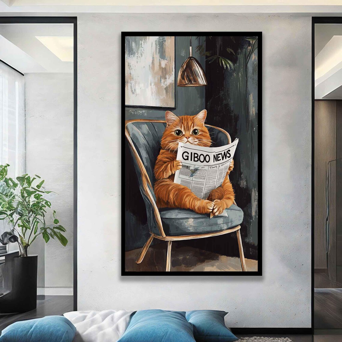 Orange Cat Reading Newspaper In Armchair Cozy Funny Animal Art Poster - Image 5