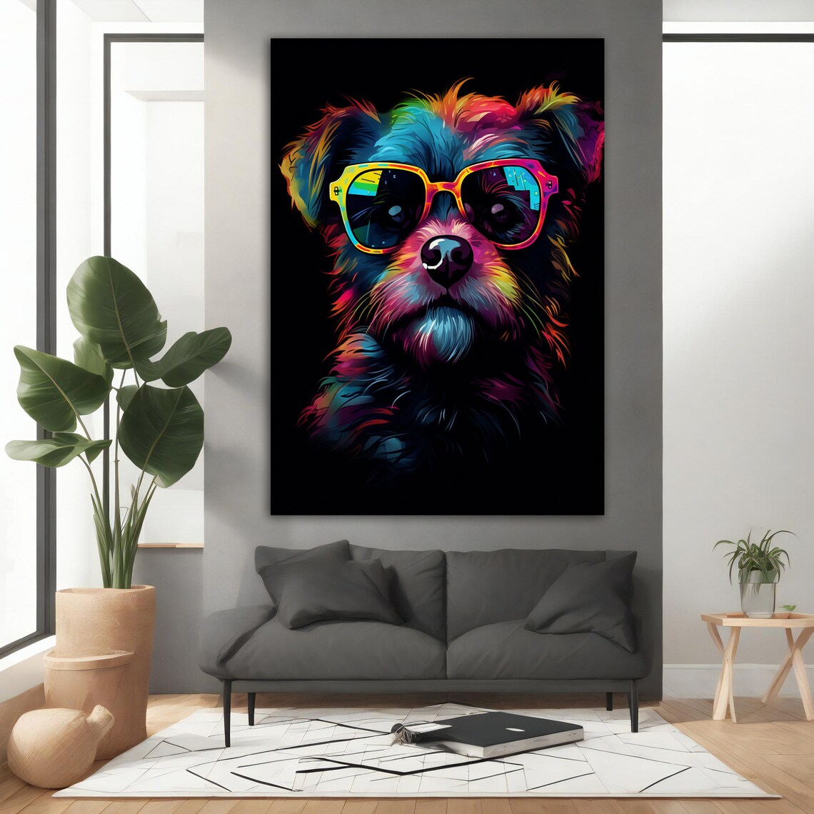 Cool Colorful Dog Wearing Rainbow Sunglasses Neon Black Wall Art - Image 3