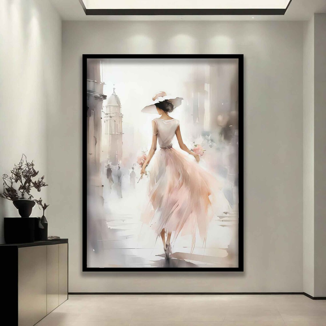 Woman White Dress City Stroll Watercolor Elegant Feminine Romantic Wall Art Poster - Image 3
