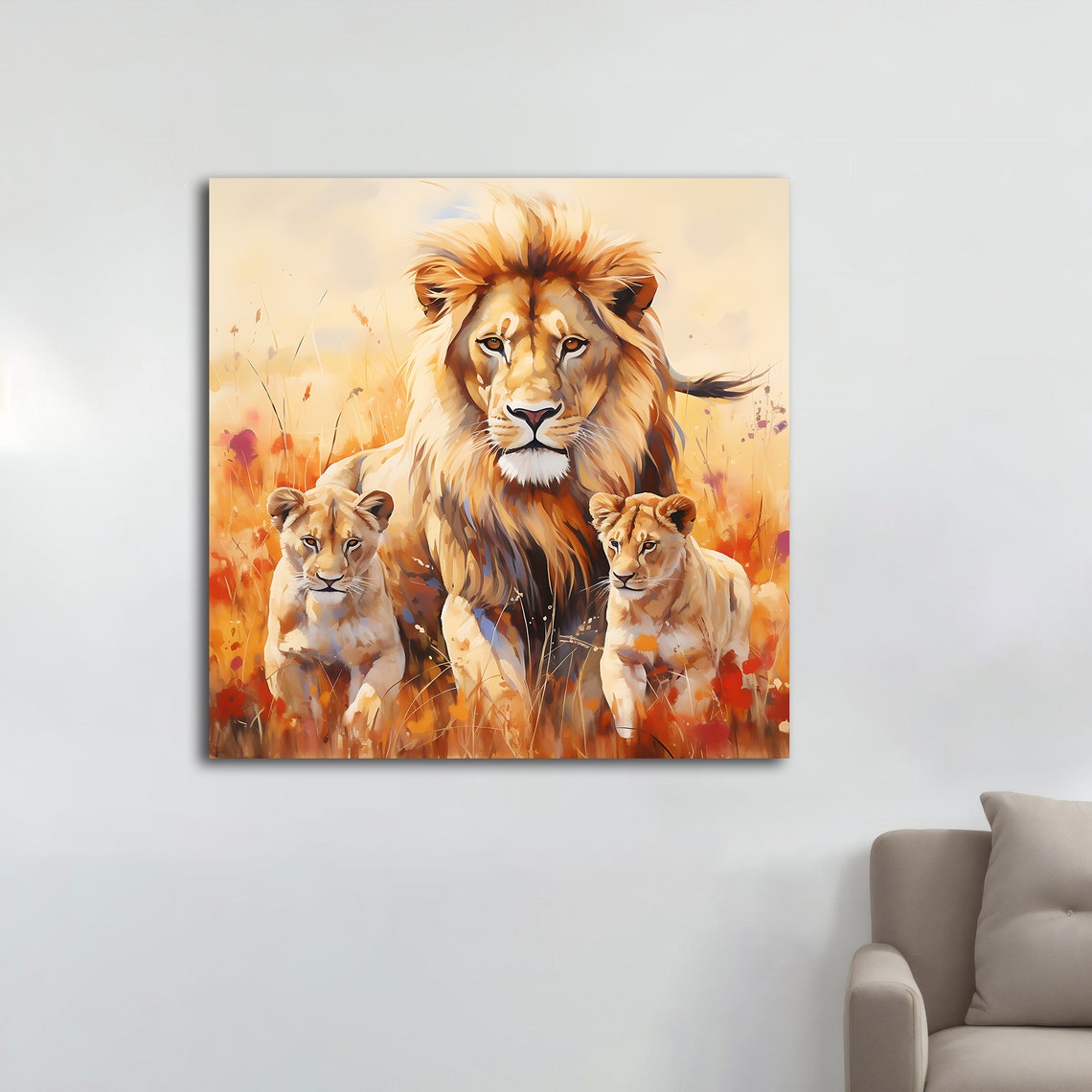 Male Lion With Two Cubs Golden Grassland Wildflower Painting Poster - Image 2