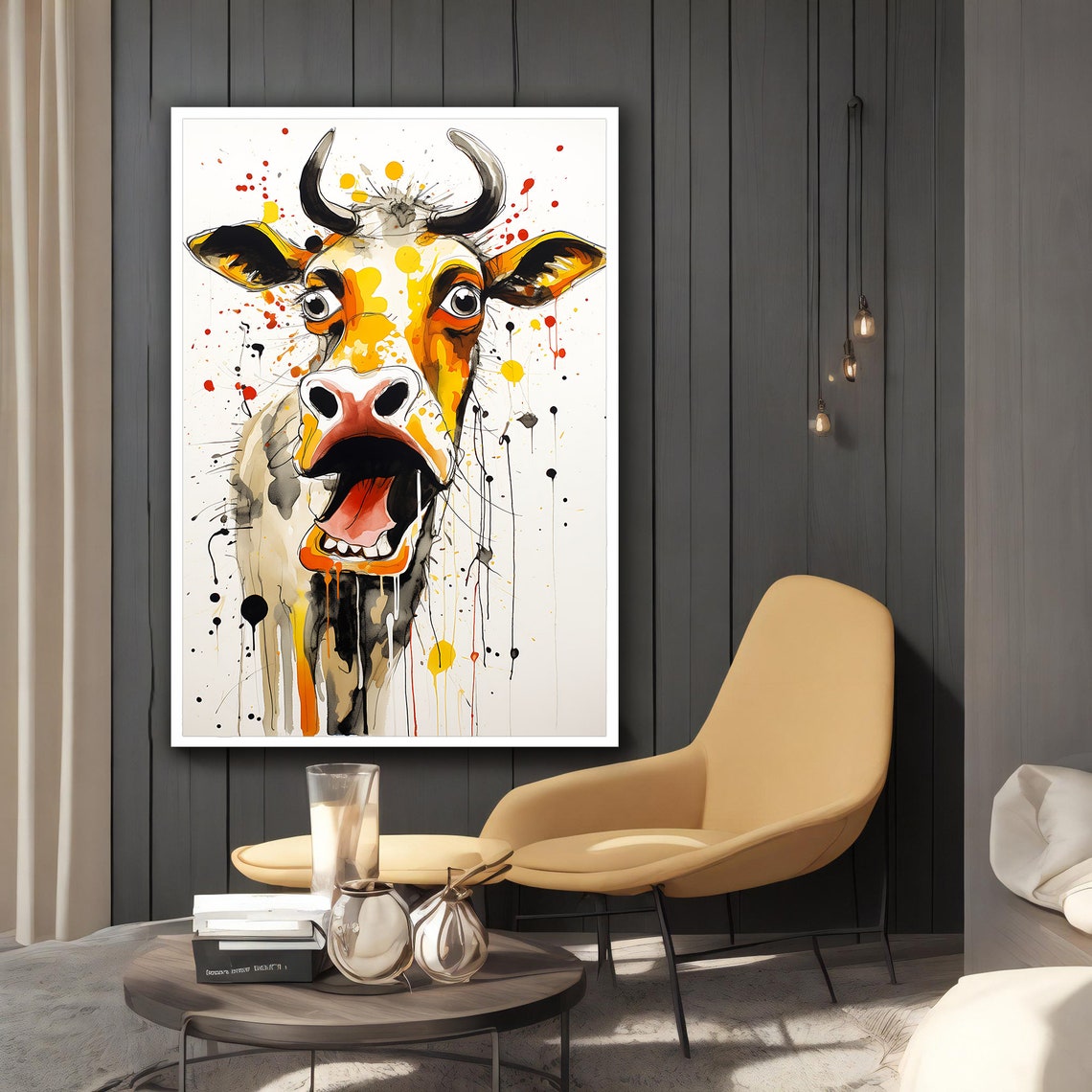Laughing Cow Face Funny Open Mouth Watercolor Splatter Art Poster - Image 2