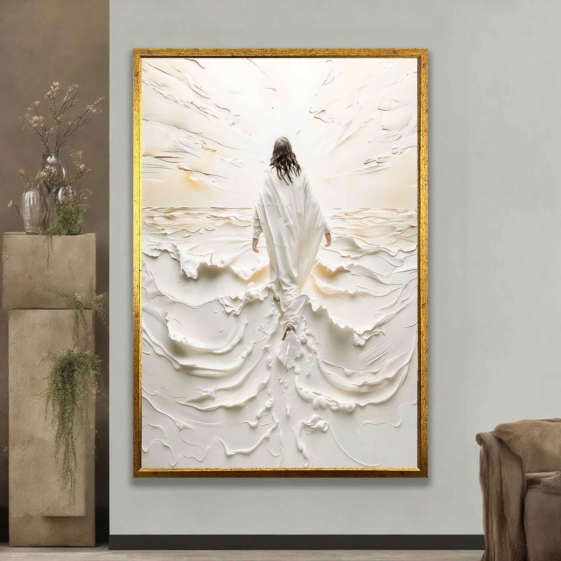 Jesus Walking On Water White 3D Relief Peaceful Waves Spiritual Print - Image 3