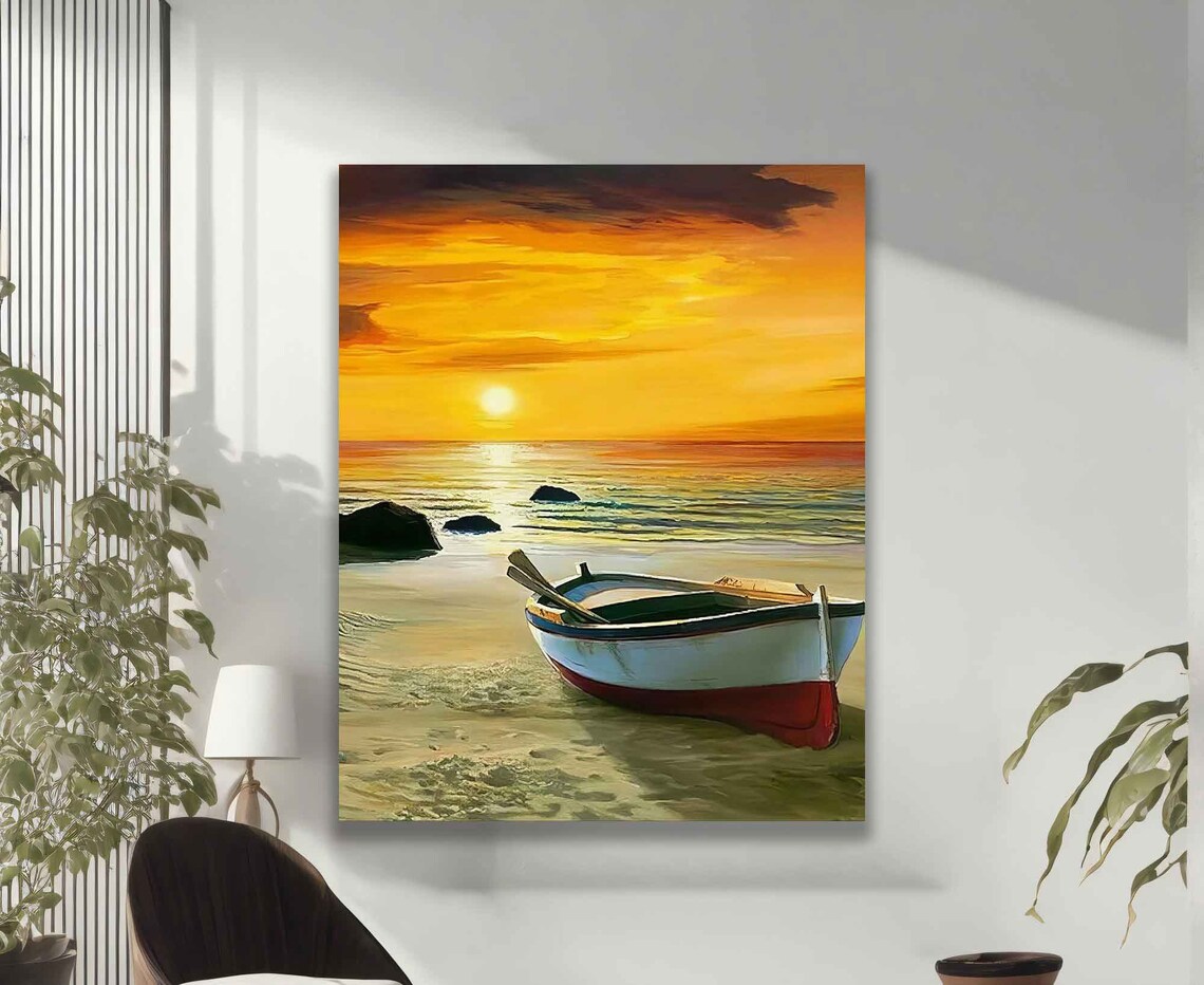 Boat on Beach at Golden Sunset Seascape Serene Travel Art Poster - Image 2