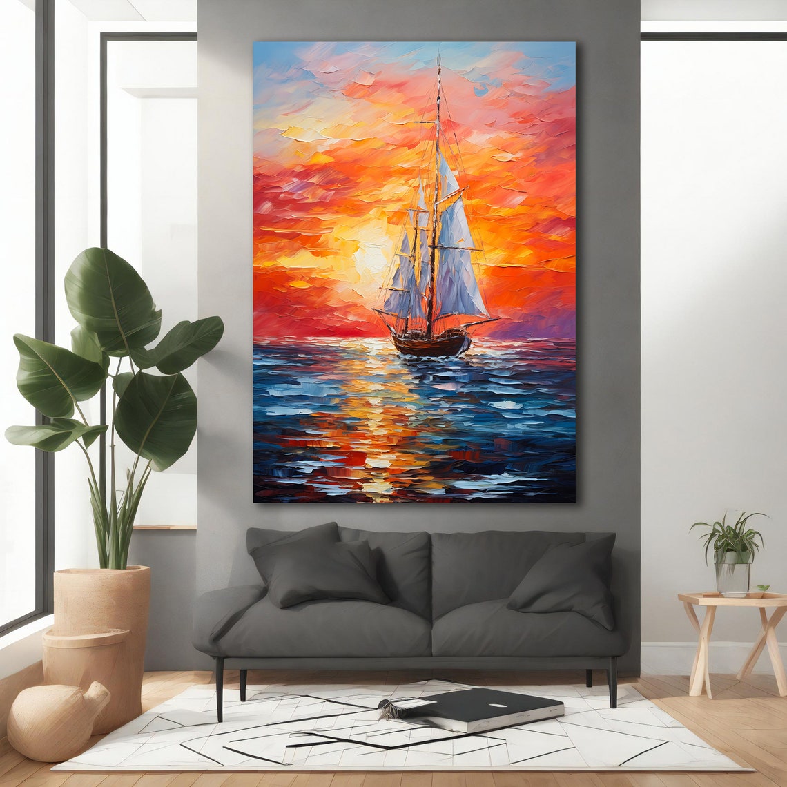 White Sailboat Blazing Orange Sunset Sky Ocean Waves Oil Art Poster - Image 3