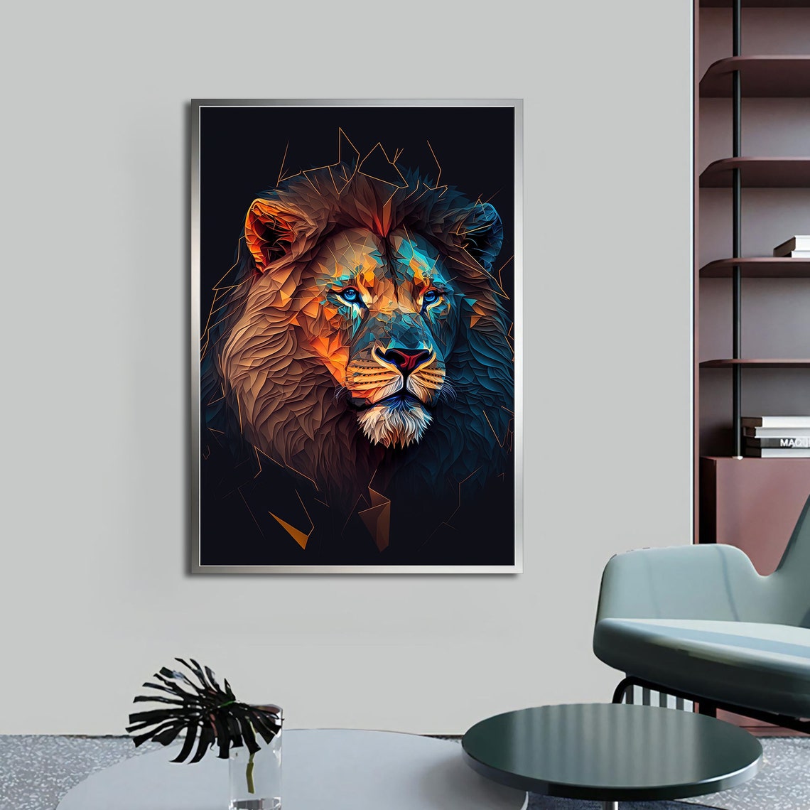 Geometric Low Poly Lion Face Blue Orange Modern Digital Poster - Image 4